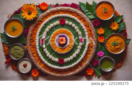Colorful plate of food with a flower design on it. The plate is filled with various dishes, including a pizza, and is surrounded by bowls of different colors. Scene is festive and inviting 125299173