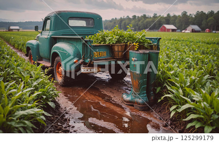 Green truck with a license plate that says "DST" is parked in a muddy field. The truck is carrying plants and a pair of boots 125299179