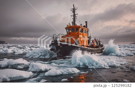 Large orange boat is in the water, surrounded by ice. The boat is moving through the ice, and the water is choppy. Scene is one of adventure and excitement, as the boat navigates through the icy Large orange boat is in the water, surrounded by ice. The boat is moving through the ice, and the water is choppy. Scene is one of adventure and excitement, as the boat navigates through the icy 125299182