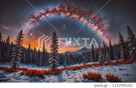 Beautiful, colorful, and serene landscape with a rainbow arching over a snowy field. The sky is filled with stars and the mountains in the background create a sense of depth and grandeur. The scene 125299185