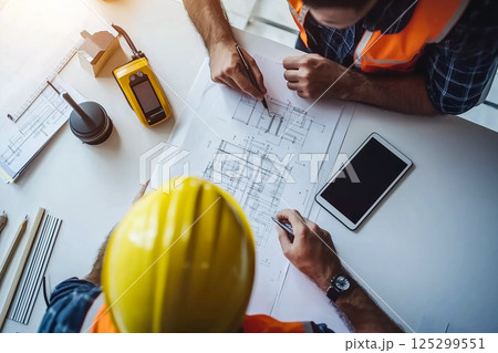 紙上に共同で技術図面を描く、建築チームが建物レイアウトを計画 125299551