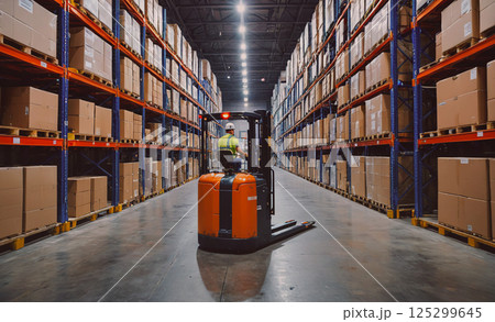 Forklift driver is in a large warehouse with many boxes. The warehouse is very large and the boxes are stacked on top of each other 125299645