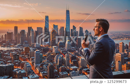 Man in a suit stands on a rooftop overlooking a city at sunset. He is holding a microphone and he is giving a speech. The city below is lit up with lights, creating a warm and inviting atmosphere 125299673
