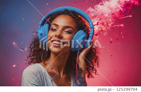 Woman wearing headphones and smiling. The headphones are blue. The woman is wearing a white shirt 125299704