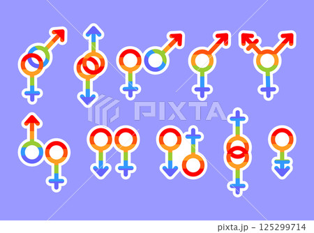 Set of colorful male and female gender symbols. Bright stickers for decor and print. Flat vector illustration. LGBT+, Pride Tolerance, June Month, Sexual Orientation, Gender, Rainbow. 125299714