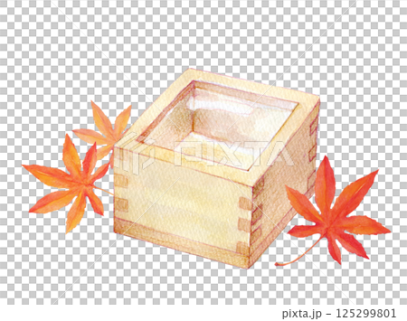 水彩イラスト　升酒と紅葉 125299801