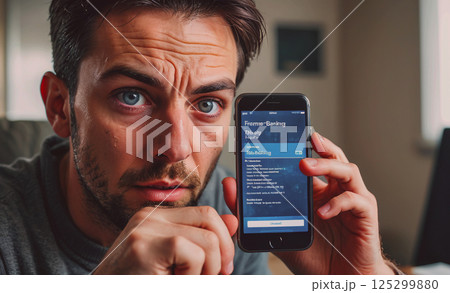 Man is holding a cell phone with a message on it that says "Ferrar Banking." He looks upset and is wiping his eyes 125299880