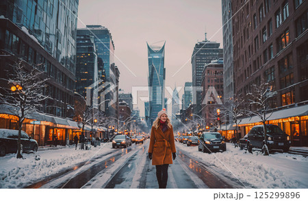 Woman is walking down a snowy street in a city. The street is lined with tall buildings and there are cars parked along the side. The woman is wearing a red coat and a pink hat. The scene is quiet and Woman is walking down a snowy street in a city. The street is lined with tall buildings and there are cars parked along the side. The woman is wearing a red coat and a pink hat. The scene is quiet and 125299896