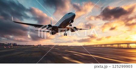 ゴールデンアワーに現代都市の空港へ着陸する大型旅客機 125299903