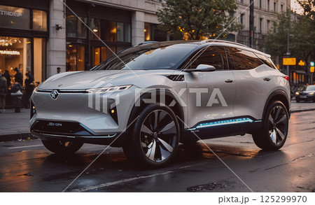 Silver car with a futuristic design is parked on a wet street. The car is surrounded by people and other vehicles, giving the impression of a busy city street. The car's design and the wet street 125299970