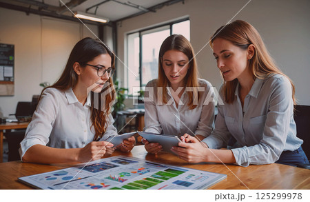 Three women are sitting at a table looking at a presentation on a tablet. They are discussing the content and possibly making decisions based on the information presented. The atmosphere seems to be 125299978