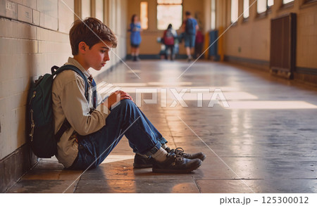 Boy sits on the floor with his backpack on his lap. He looks sad and is looking at the camera 125300012