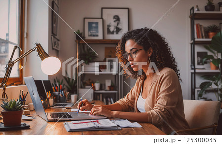 Woman is sitting at a desk with a laptop and a pen. She is writing something on a piece of paper. The room is well-lit and has a comfortable atmosphere 125300035