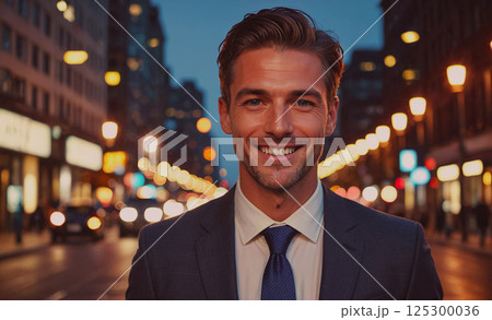 Man in a suit and tie is smiling in front of a city street. Concept of confidence and professionalism, as the man is dressed in a business suit and tie 125300036