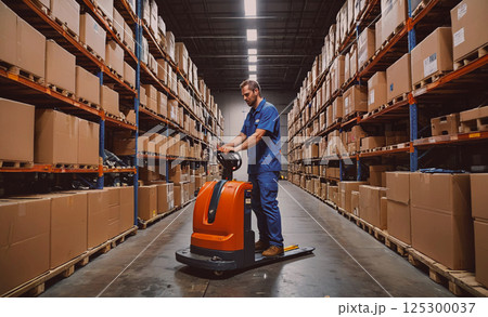Man in a blue shirt is operating a forklift in a warehouse. The warehouse is filled with boxes and shelves, and the man is navigating through the aisles. Concept of efficiency and productivity 125300037