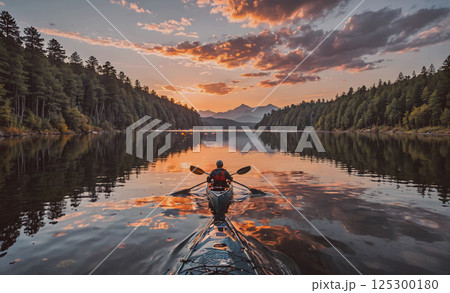 Man paddles a canoe on a lake at sunset. The sky is filled with clouds and the water is calm Man paddles a canoe on a lake at sunset. The sky is filled with clouds and the water is calm 125300180