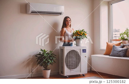 Woman stands in front of a white air conditioner with a potted plant in her hand Woman stands in front of a white air conditioner with a potted plant in her hand 125300182