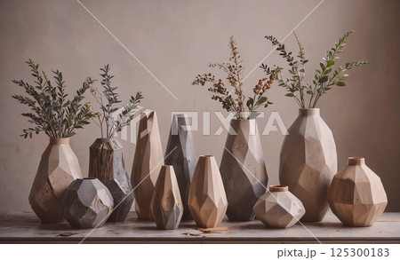 Row of vases with different shapes and sizes are lined up on a table. The vases are made of different materials and have various designs, creating a visually interesting display. The arrangement of Row of vases with different shapes and sizes are lined up on a table. The vases are made of different materials and have various designs, creating a visually interesting display. The arrangement of 125300183