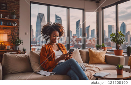 Woman is sitting on a couch in a living room, looking at her cell phone. The room has a city view and is decorated with potted plants 125300190