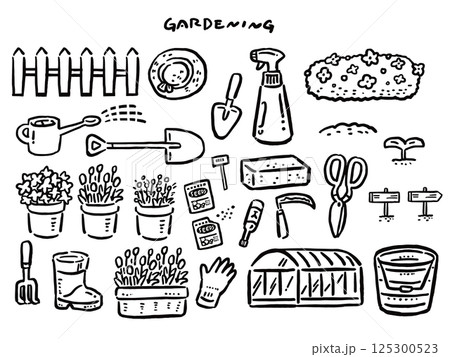 ガーデニングの手描き風シンプル　線画イラストセット 125300523