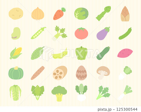 かわいい野菜アイコンセット・30種類のカラフルなフラットイラスト 125300544