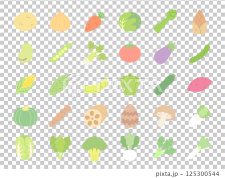 かわいい野菜アイコンセット・30種類のカラフルなフラットイラスト 125300544