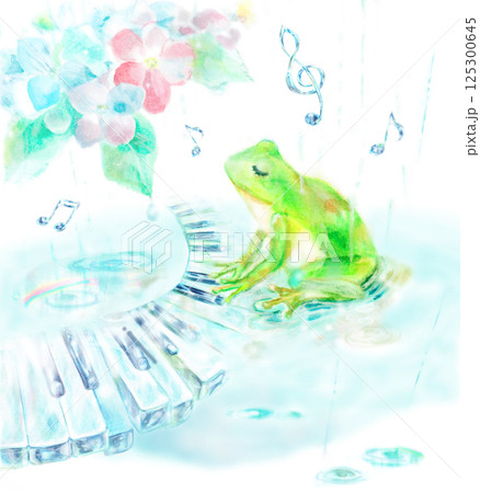 雨の中ピアノを演奏するカエル　水彩画 125300645