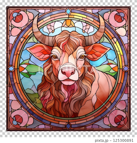Retro stained glass illustration of a bull 1 / Material for flyers and posters Retro stained glass illustration of a bull 1 / Material for flyers and posters 125300891