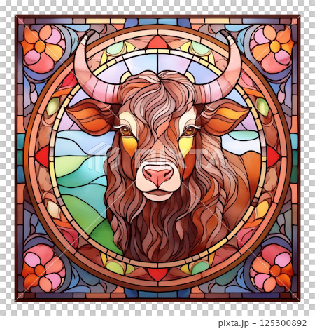Retro stained glass illustration of a bull 2 / Material for flyers and posters Retro stained glass illustration of a bull 2 / Material for flyers and posters 125300892