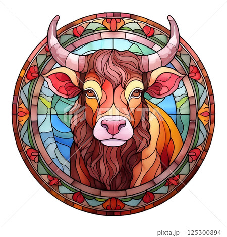 牡牛のレトロなステンドグラスのイラスト4／チラシやポスター用素材 125300894