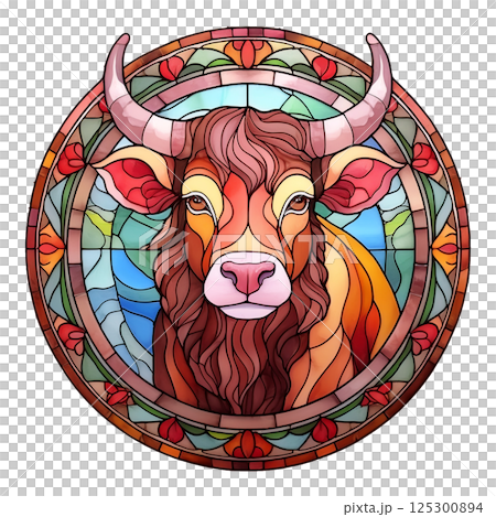 Retro stained glass illustration of a bull 4 / Material for flyers and posters Retro stained glass illustration of a bull 4 / Material for flyers and posters 125300894