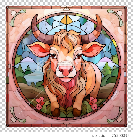 Retro stained glass illustration of a bull 5 / Material for flyers and posters Retro stained glass illustration of a bull 5 / Material for flyers and posters 125300895