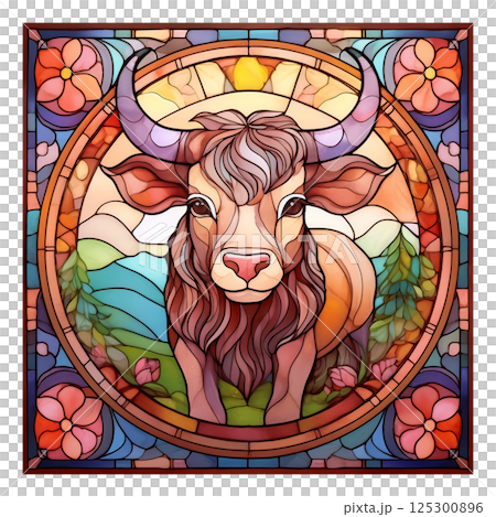 Retro stained glass illustration of a bull 6 / Material for flyers and posters Retro stained glass illustration of a bull 6 / Material for flyers and posters 125300896