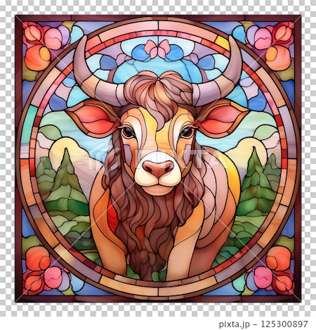 Retro stained glass illustration of a bull 7 / Material for flyers and posters Retro stained glass illustration of a bull 7 / Material for flyers and posters 125300897