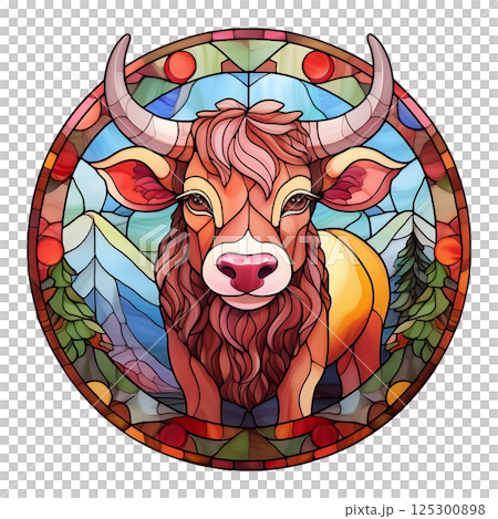 Retro stained glass illustration of a bull 8 / Material for flyers and posters Retro stained glass illustration of a bull 8 / Material for flyers and posters 125300898