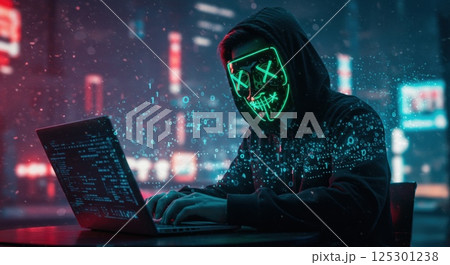 In a vibrant urban environment illuminated by neon lights, a cloaked individual sits intently at a laptop, their face obscured by a glowing mask depicting a skull. The atmosphere is thick with a 125301238