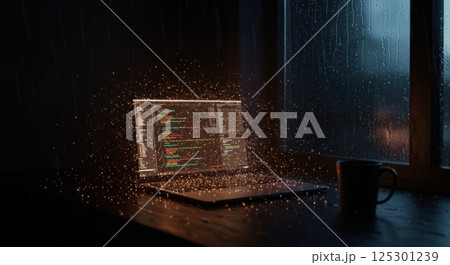 A laptop displaying vibrant lines of code emanates a warm glow in a dimly lit room. Raindrops cascade down the window, creating a tranquil atmosphere. A steaming coffee cup sits adjacent to the laptop 125301239