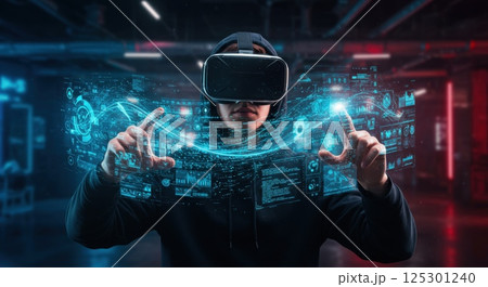 A person wearing a virtual reality headset interacts with a virtual interface in a well-lit, futuristic setting. The individual showcases a gesture of manipulation, pointing fingers towards 125301240