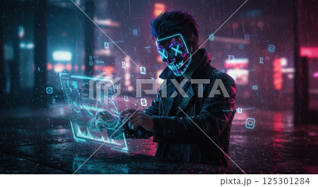 In a vibrant cyberpunk cityscape illuminated by neon lights, a figure dressed in a black leather jacket sits in the rain, focusing intently on an advanced digital display. The character, adorned with In a vibrant cyberpunk cityscape illuminated by neon lights, a figure dressed in a black leather jacket sits in the rain, focusing intently on an advanced digital display. The character, adorned with 125301284