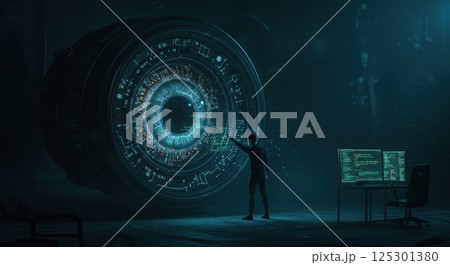 A figure stands confidently in a dimly lit, high-tech environment, engaged with a large circular interface that resembles a futuristic camera lens. The interface displays intricate patterns and data 125301380