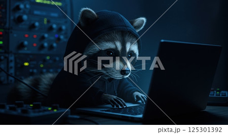 A clever raccoon wearing a black hoodie focuses intently on a laptop screen in a dimly lit room. Surrounding the raccoon are various electronic devices, including sound equipment and control panels A clever raccoon wearing a black hoodie focuses intently on a laptop screen in a dimly lit room. Surrounding the raccoon are various electronic devices, including sound equipment and control panels 125301392
