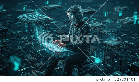 An individual dressed in a dark hoodie and a mask sits in a futuristic digital landscape filled with floating circuits and technological components. They are focused on typing on a high-tech keyboard 125301401