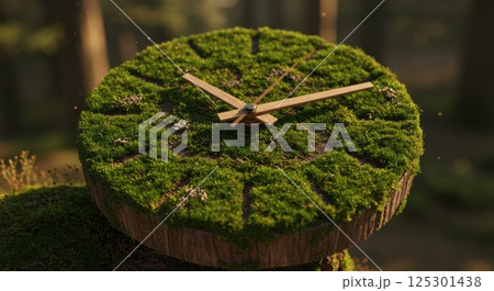 A clock adorned with vibrant green moss is placed on a circular wooden base, blending seamlessly into the tranquil environment of a lush forest. Sunlight filters through the trees, illuminating the 125301438
