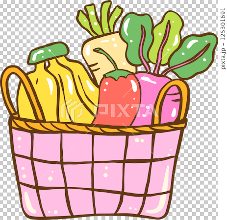 Colorful Hand Drawn Vegetable and Fruit Basket, pastel farmer market 125301691