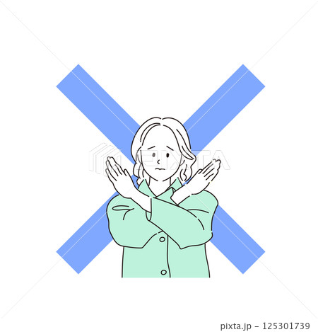 バツ印ポーズで拒否を表現する女性のイラスト｜わかりやすい線画スタイルで注意喚起にも最適 125301739