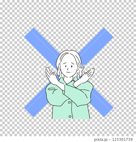 バツ印ポーズで拒否を表現する女性のイラスト｜わかりやすい線画スタイルで注意喚起にも最適 125301739