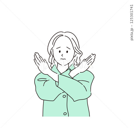 腕をクロスしてNGを伝える女性のイラスト｜やさしい線画で表現する拒否ジェスチャー 125301741