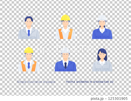 現場とオフィスで働く男女のアイコンセット。作業服を着た人物のイラスト素材。 125301905