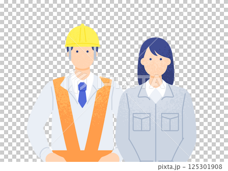 一名男子在建築工地工作,佩戴反光帶。在銷售處工作的女士。圖解:一名男子和一名女子穿著工作服。 一名男子在建築工地工作,佩戴反光帶。在銷售處工作的女士。圖解:一名男子和一名女子穿著工作服。 125301908