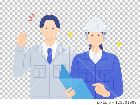 A man wearing work clothes and doing a fist pump. A woman wearing a helmet and inspecting. Illustration material of men and women working at the site. 125301909